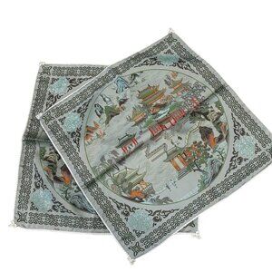 Vintage Chinese Silk Pillow Case Cover Set Pagoda Print & Elegant Fringe Edges N
